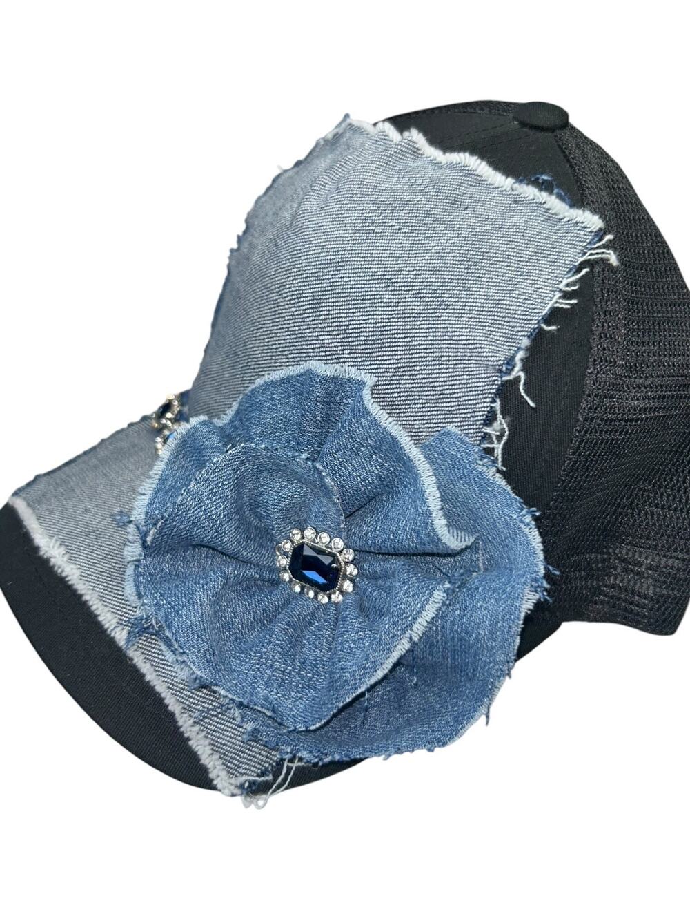 OOAK Upcycled Denim Flower Trucker Hat Handmade